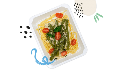 bezglutenowe spaghetti ze szparagami dietetyczny posiłek z cateringu dietetycznego