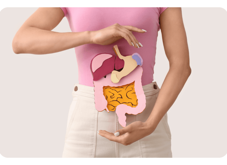 Kobieta trzymająca schemat układu pokarmowego, symbolizująca świadomość zdrowia trawiennego i znaczenie diety w utrzymaniu prawidłowego funkcjonowania jelit, wspomaganej przez catering dietetyczny.